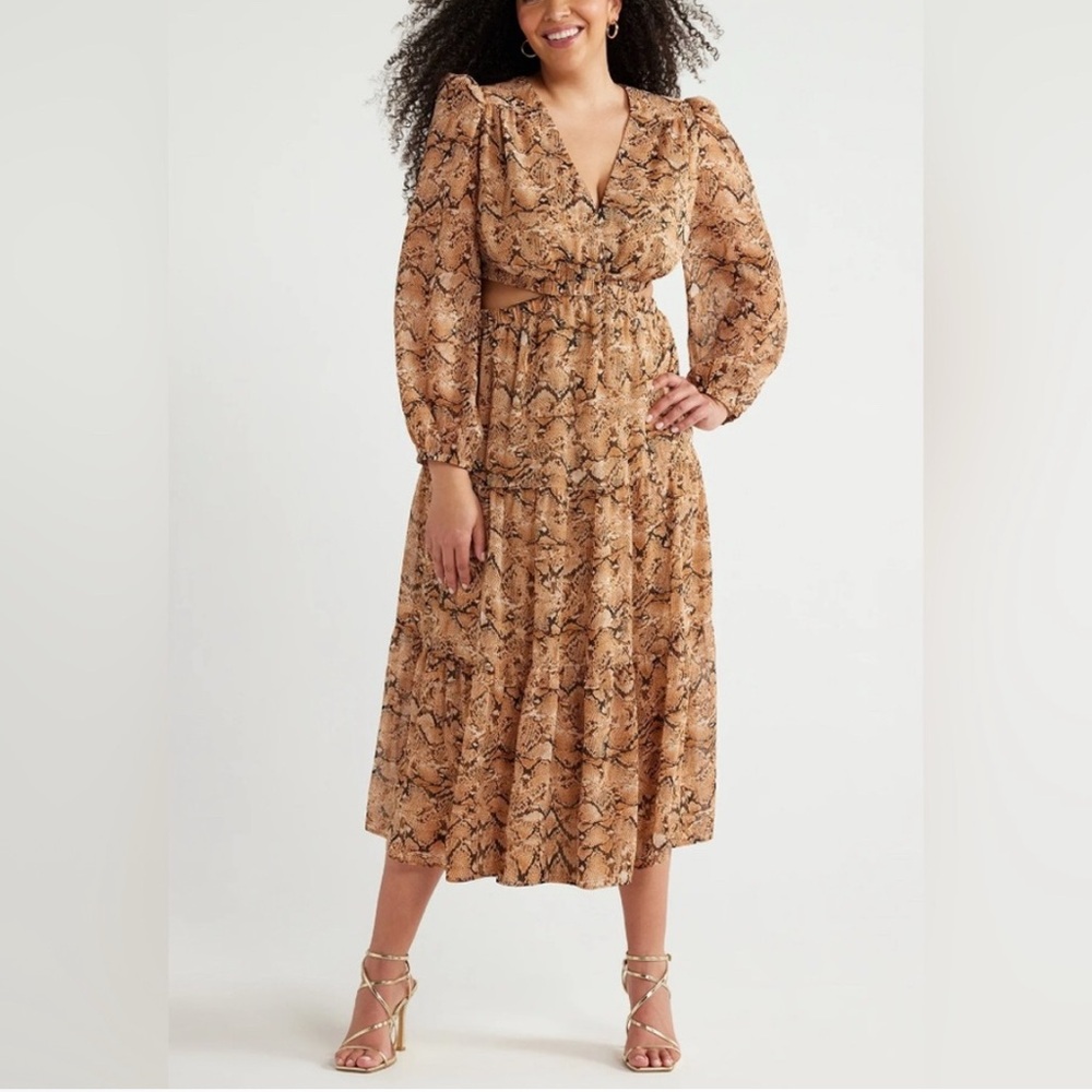 🆕 Sofia by Sofia Vergara Tan Maxi Dress with Side Cutouts and Puff Sleeves